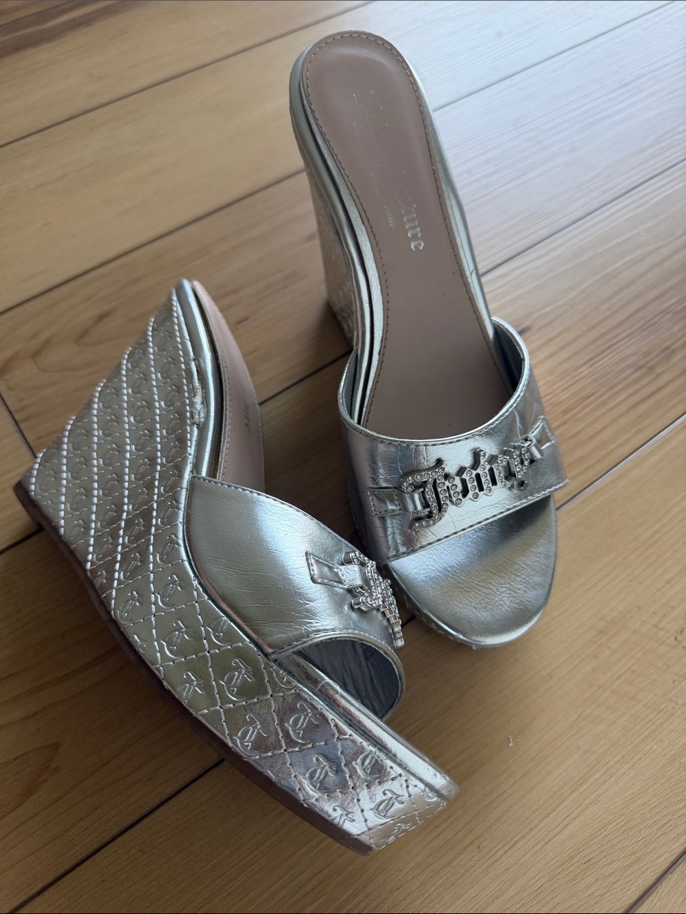 Y2K Juicy Couture Silver Monogram Bling Wedge Platform Sandals